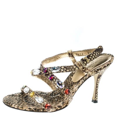 Pre-owned Dolce & Gabbana Beige Python Crystal Embellished Slingback Sandals Size 37