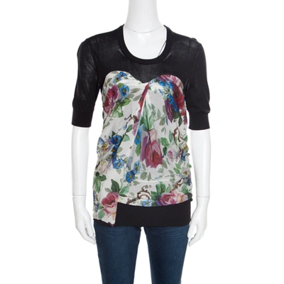 Pre-owned Dolce & Gabbana Black Floral Printed Drape Detail Short Sleeve Top M