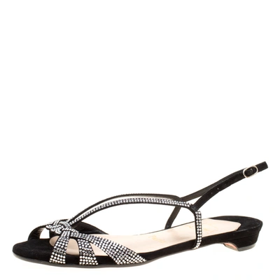 Pre-owned Christian Louboutin Black Crystal Embellished Suede Slingback Flat Sandals Size 36.5