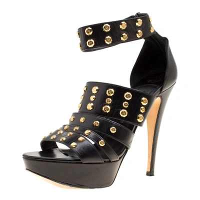 Pre-owned Gina Black Leather Studded Ankle Strap Platform Sandals Size 39.5 In Gold