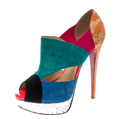 Pre-owned Christian Louboutin Multicolor Suede And Python Leather Pitou Cut Out Platform Pumps Size 37.5