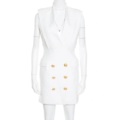 Pre-owned Balmain Off White Plunge Neck Sleeveless Blazer Dress M