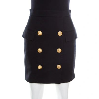 Pre-owned Balmain Black Textured Cotton Gold Button Detail High Waist Mini Skirt S