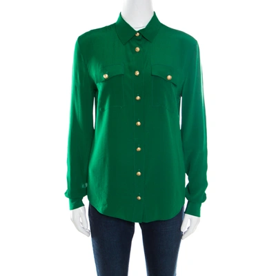 Pre-owned Balmain Green Silk Gold Button Detail Long Sleeve Classic Shirt M
