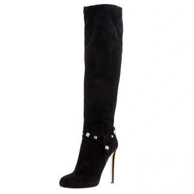 Pre-owned Le Silla Enio Silla For  Black Suede Crystal Embellished Pyramid Studs Knee Length Boots Size 40
