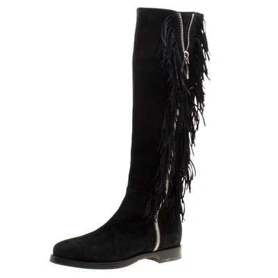 Pre-owned Le Silla Black Suede Fringe Trim Knee Length Boots Size 37.5