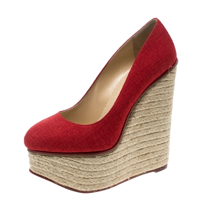 Pre-owned Charlotte Olympia Red Canvas Carmen Espadrille Platform Wedge Pumps Size 37