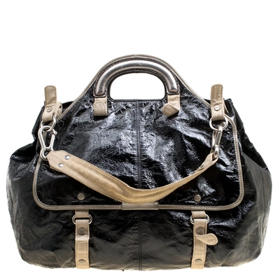 Pre-owned Stella Mccartney Black Faux Patent Leather And Canvas Top Handle Bag