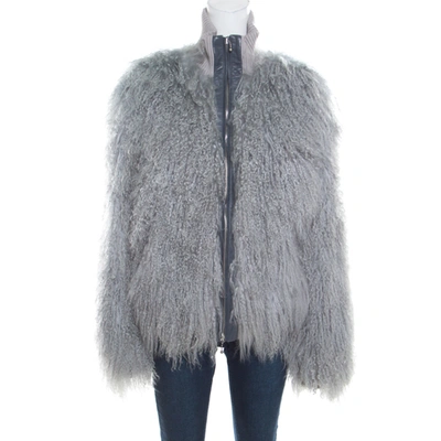 Pre-owned Alexander Mcqueen Mcq By  Slate Grey Crimped Faux Fur Bomber Jacket L