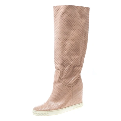 Pre-owned Casadei Pale Pink Snakeskin Embossed Leather Knee High Boots Size 39