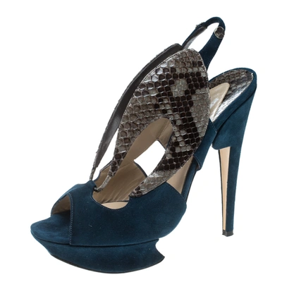 Pre-owned Nicholas Kirkwood Multicolor Suede And Python Platform Slingback Sandals Size 37 In Blue