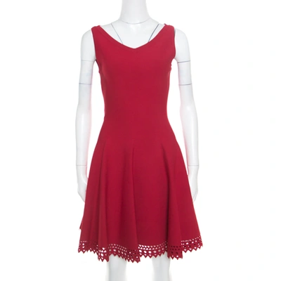 Pre-owned Alaïa Ruby Red Stretch Knit Laser Cut Hem Detail Flared Mini Dress M