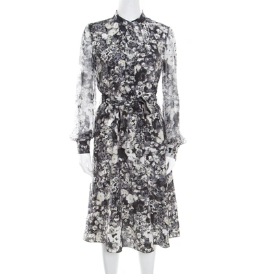 Pre-owned Lanvin Dark Grey Floral Printed Silk Belted Midi Dress S