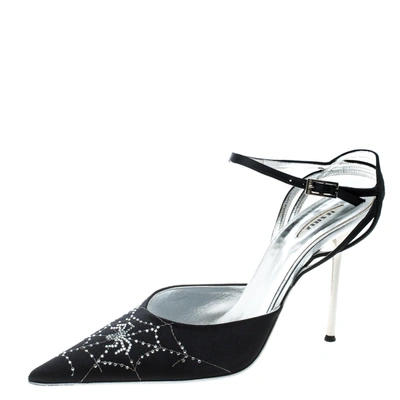 Pre-owned Le Silla Black Satin Crystal Embellished Spider Pointed Toe Sandals Size 39