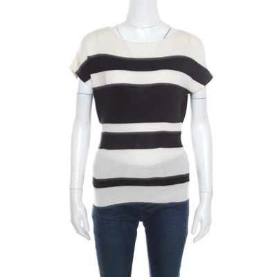 Pre-owned Dior Christian  Monochrome Striped Slit Back Detail Tapered Waist Sweater Top M In Cream