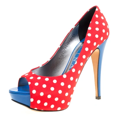 Pre-owned Gina Tricolor Polka Dot Print Canvas Peep Toe Platform Pumps Size 37.5 In Multicolor