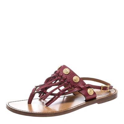 Pre-owned Valentino Garavani Maroon Leather Fringed Coin Detail Thong Sandals Size 37.5 In Red