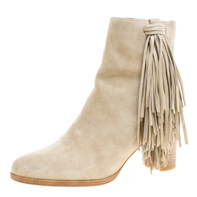 Pre-owned Christian Louboutin Beige Suede Jimmy Netta Tassel Detail Block Heel Ankle Boots Size 37.5