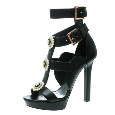 Pre-owned Alexander Mcqueen Black Leather French Gloss Platform Strappy Sandals Size 38.5