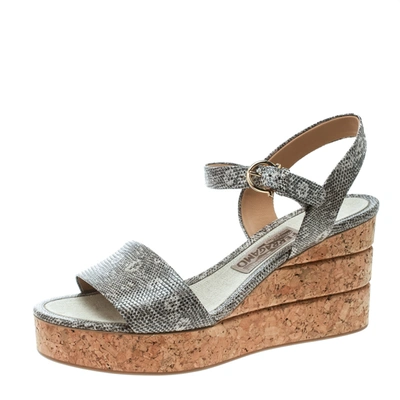 Pre-owned Ferragamo Two Tone Lizard Madea Cork Wedge Sandals Size 39.5 In Grey