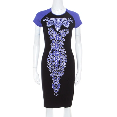Pre-owned Versace Collection Black And Purple Jacquard Knit Fitted Cap Sleeve Dress M