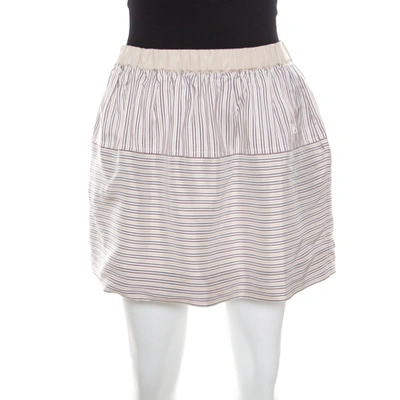 Pre-owned Louis Vuitton Beige Striped Silk Logo Elasticized Waist Mini Skirt M