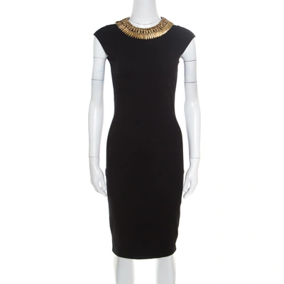 Pre-owned Alexander Mcqueen Black Stretch Wool Embellished Neck Sleeveless Bodycon Dress Xs