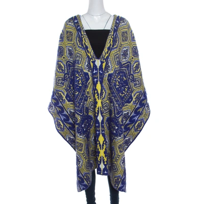 Pre-owned Pucci Blue And Neon Yellow Patterned Jacquard Knit Poncho S