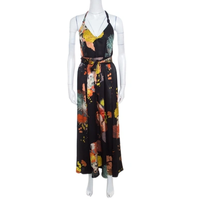 Pre-owned Dries Van Noten Black Oriental Floral Printed Silk Halter Maxi Dress S