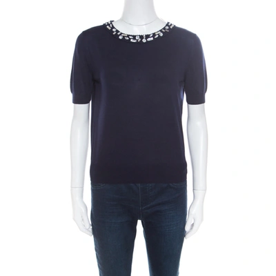 Pre-owned Dior Christian  Navy Blue Cotton Silk Crystal Embellished Collar Sweater Top M