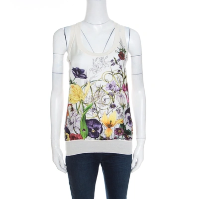 Pre-owned Gucci Off White Floral Printed Silk Paneled Knit Sleeveless Top M In Cream