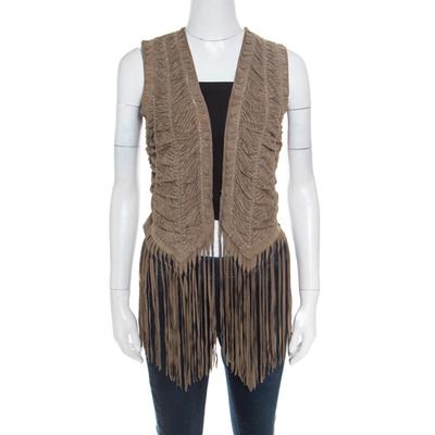 Pre-owned Roberto Cavalli Brown Suede Perforated Fringed Waistcoat S