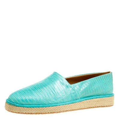 Pre-owned Ferragamo Aqua Green Lizard Leather Lampedusa Espadrilles Size 44.5 In Blue