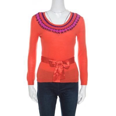 Pre-owned Dior Orange Wool And Silk Crochet Neck Detail Belted Sweater M