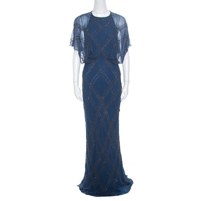 Pre-owned Jenny Packham Blue Embellished Silk Cutout Back Detail Blouson Gown M