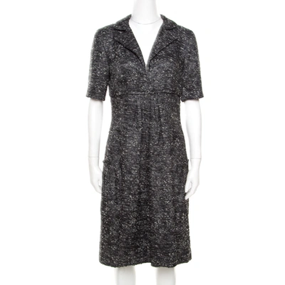 Pre-owned Oscar De La Renta Grey Textured Lurex Plunge Neck Detail Short Sleeve Dress M