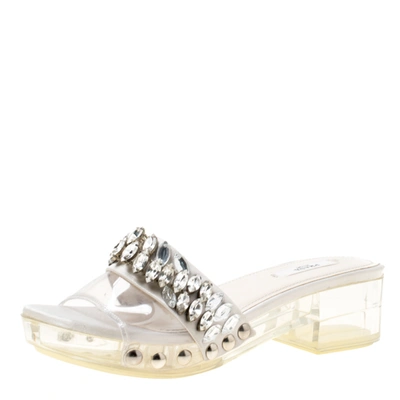 Pre-owned Prada Grey Satin And Pvc Crystal Embellished Platform Slides Size 36