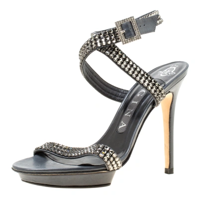 Pre-owned Gina Dark Grey Crystal Embellished Leather Cross Ankle Strap Sandals Size 37