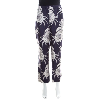 Pre-owned Prada Navy Blue Tropical Floral Printed Silk Elasticized Waist Pyjamas Xl