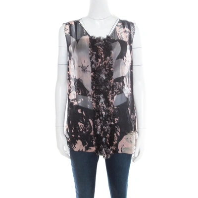Pre-owned Dolce & Gabbana Black Floral Printed Sheer Silk Ruffled Applique Detail Sleeveless Top M