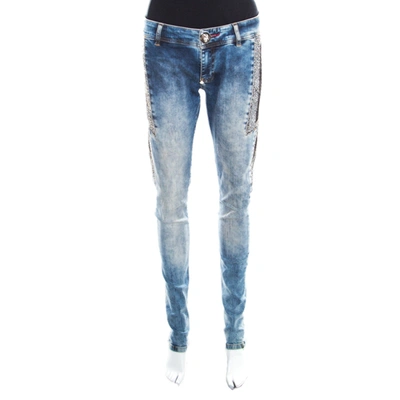 Pre-owned Philipp Plein Indigo Crystal And Lace Detail Distressed Strawberry Cheesecake Slim Fit Jeans M In Blue