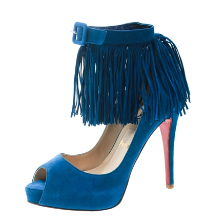 Pre-owned Christian Louboutin Cobalt Blue Suede Tina Fringe Detail Ankle Strap Peep Toe Pumps Size 37