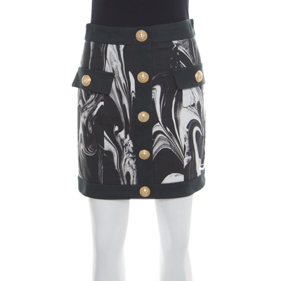 Pre-owned Balmain Monochrome Marble Printed Logo Button Detail Mini Skirt S In Black