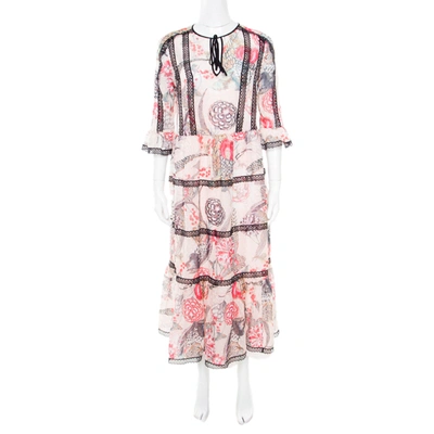 Pre-owned Temperley London Almond Dotted Jacquard Dobby Shire Printed Tiered Midi Dress M In Beige