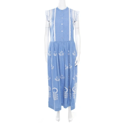 Pre-owned Temperley Blue And White Embroidered Scallop Detail Maxi Dress M
