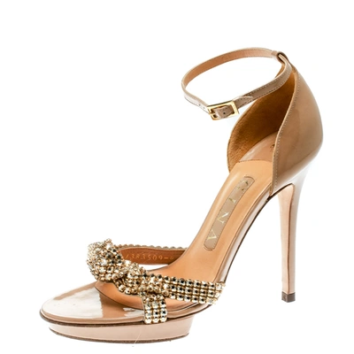 Pre-owned Gina Beige Leather Crystal Embellished Ankle Strap Platform Sandals Size 37