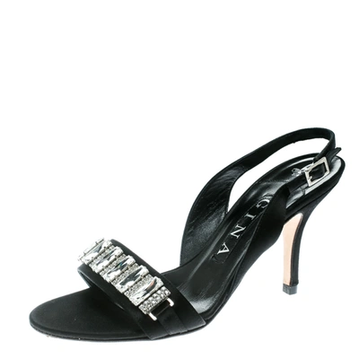 Pre-owned Gina Black Satin Crystal Embellished Slingback Sandals Size 37