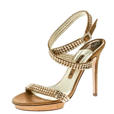 Pre-owned Gina Metallic Gold Suede Crystal Embellished Cross Ankle Strap Sandals Size 37