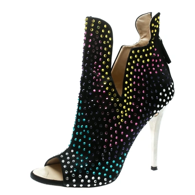 Pre-owned Giuseppe Zanotti Black Multicolor Crystal Embellished Suede Ankle Booties Size 39