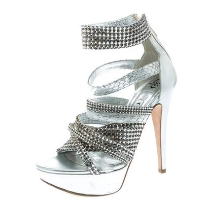 Pre-owned Gina Silver Crystal Embellished Leather And Python Strappy Platform Sandals Size 37